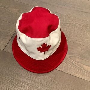 Red and White Bucket Hat with Maple Leaf